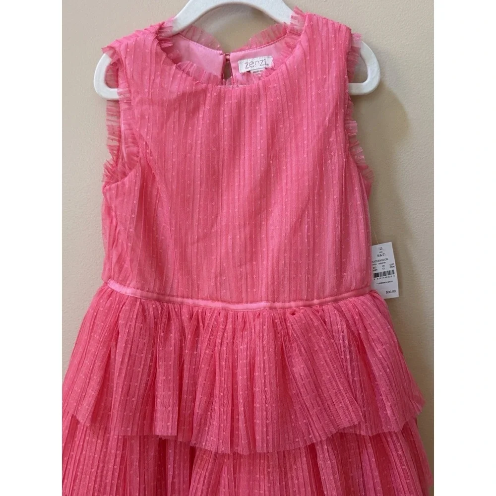 NEW Zenzi Girls Sleeveless Tiered Ruffle Tulle Dress Watermelon Size S (6/7) NWT